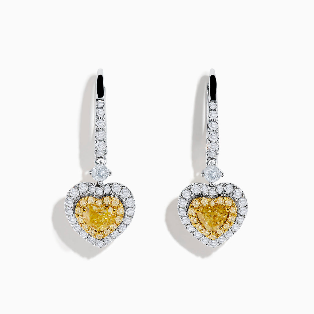 The Canare 18K Two Tone Gold White & Yellow Diamond Heart Earrings feature heart-shaped yellow stones, a halo of white diamonds, and diamond-accented hooks for elegant sparkle.