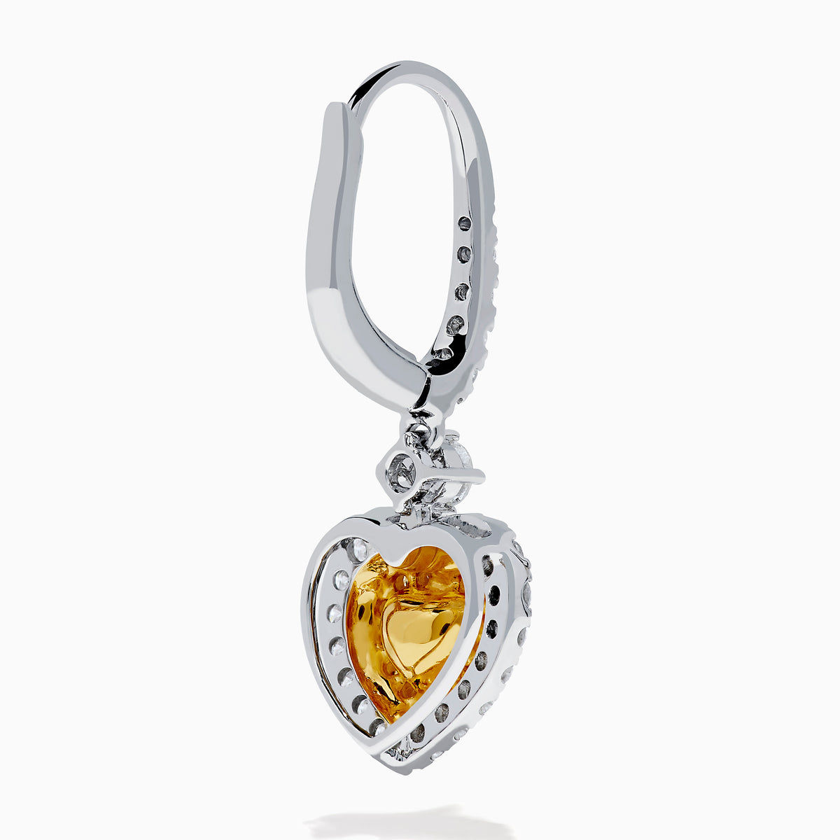 The Canare 18K Two Tone Gold White & Yellow Diamond Heart Earrings feature heart-shaped yellow stones, a halo of white diamonds, and diamond-accented hooks for elegant sparkle.