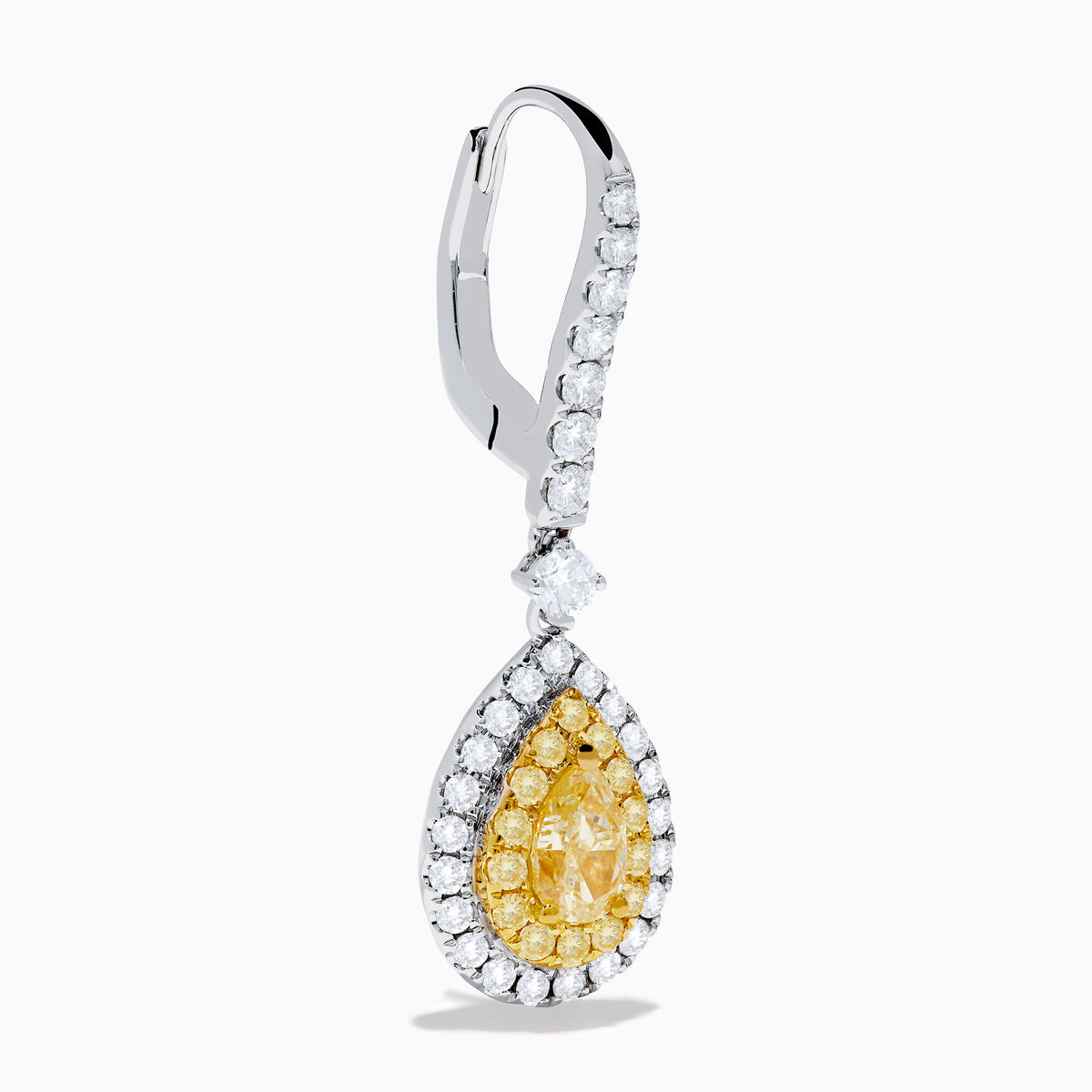 The Canare 18K Two Tone Gold White and Yellow Diamond Drop Earrings feature teardrop-shaped yellow gems encircled by white diamonds, with diamond-adorned hooks, all set in elegant two-tone gold.