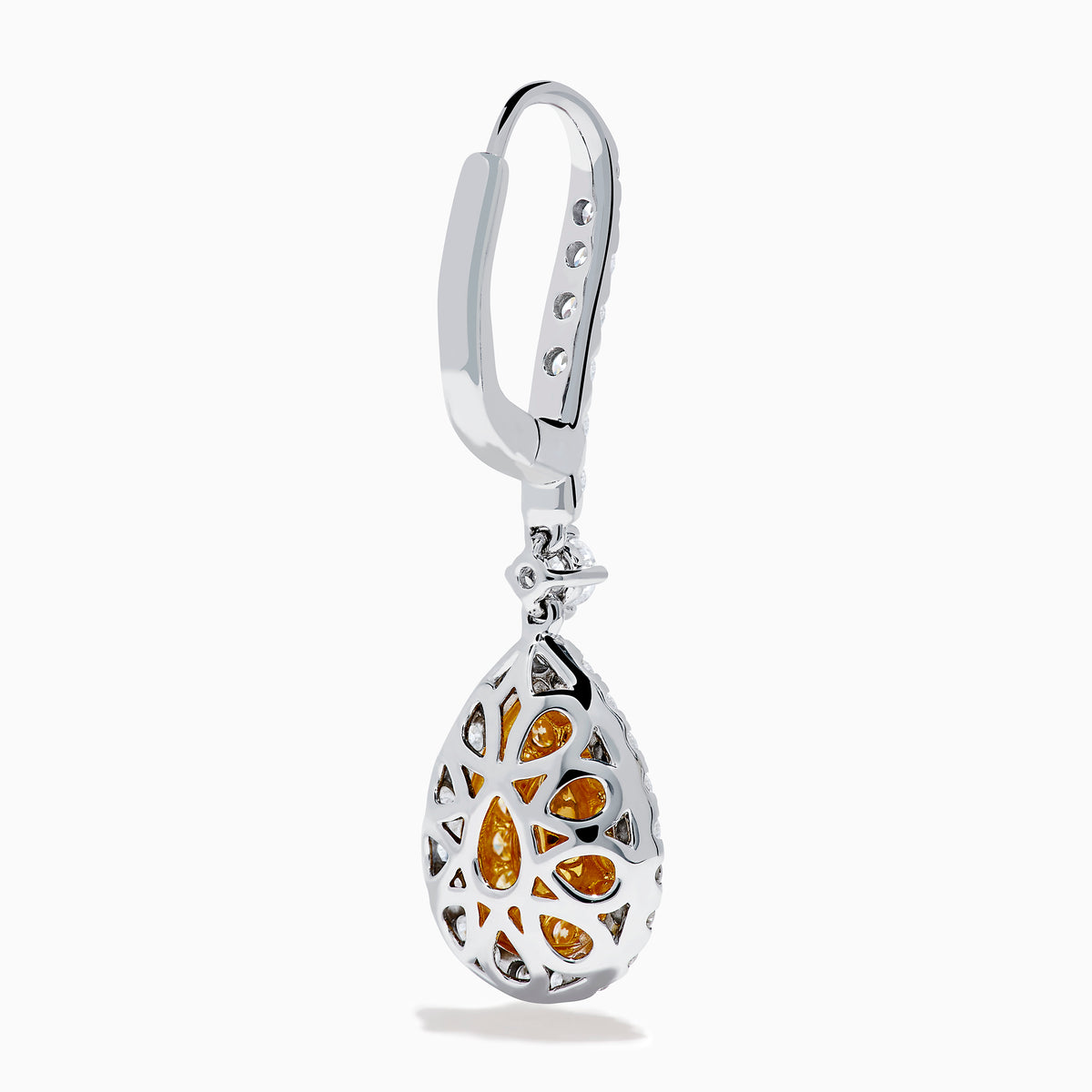 The Canare 18K Two Tone Gold White and Yellow Diamond Drop Earrings feature teardrop-shaped yellow gems encircled by white diamonds, with diamond-adorned hooks, all set in elegant two-tone gold.