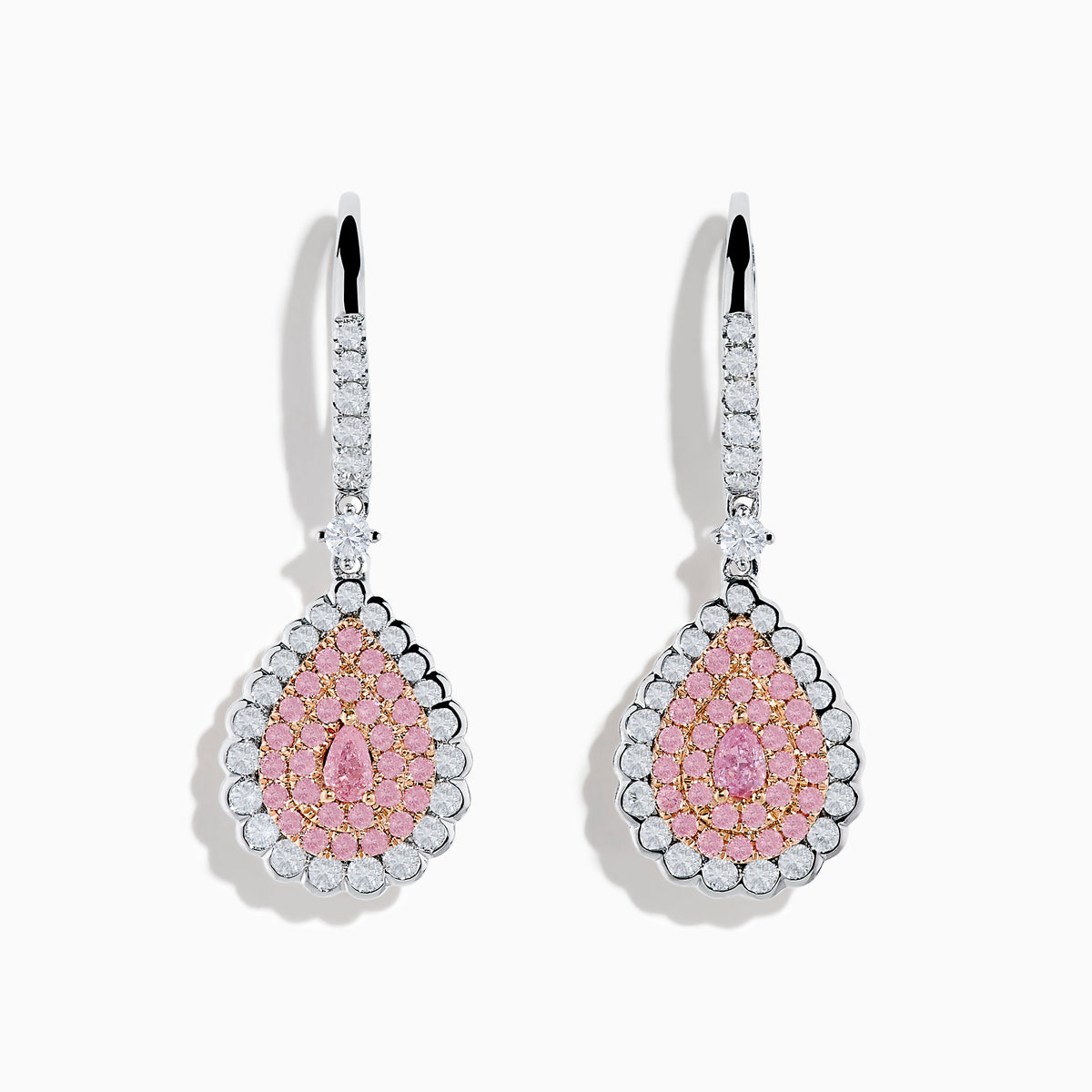 The 18K Two Tone White and Pink Diamond Drop Earrings feature a teardrop shape with pink gemstones, encircled by white diamonds and set in white metal with diamond-accented hooks, elegantly displayed against a white background.