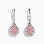 The 18K Two Tone White and Pink Diamond Drop Earrings feature a teardrop shape with pink gemstones, encircled by white diamonds and set in white metal with diamond-accented hooks, elegantly displayed against a white background.