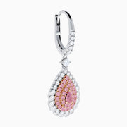 The 18K Two Tone White and Pink Diamond Drop Earrings feature a teardrop shape with pink gemstones, encircled by white diamonds and set in white metal with diamond-accented hooks, elegantly displayed against a white background.