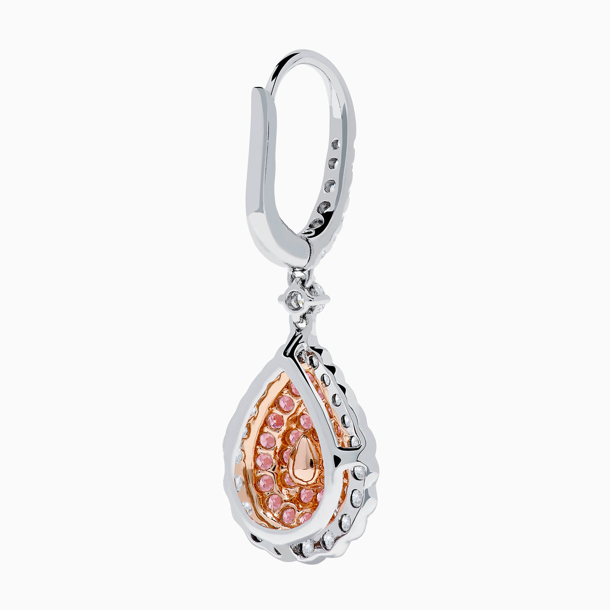 The 18K Two Tone White and Pink Diamond Drop Earrings feature a teardrop shape with pink gemstones, encircled by white diamonds and set in white metal with diamond-accented hooks, elegantly displayed against a white background.