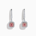 18K Two Tone White and Pink Diamond Drop Earrings featuring square pink gemstones and small white diamonds, set in elegant metal, displayed on a plain white background.
