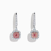 18K Two Tone White and Pink Diamond Drop Earrings featuring square pink gemstones and small white diamonds, set in elegant metal, displayed on a plain white background.