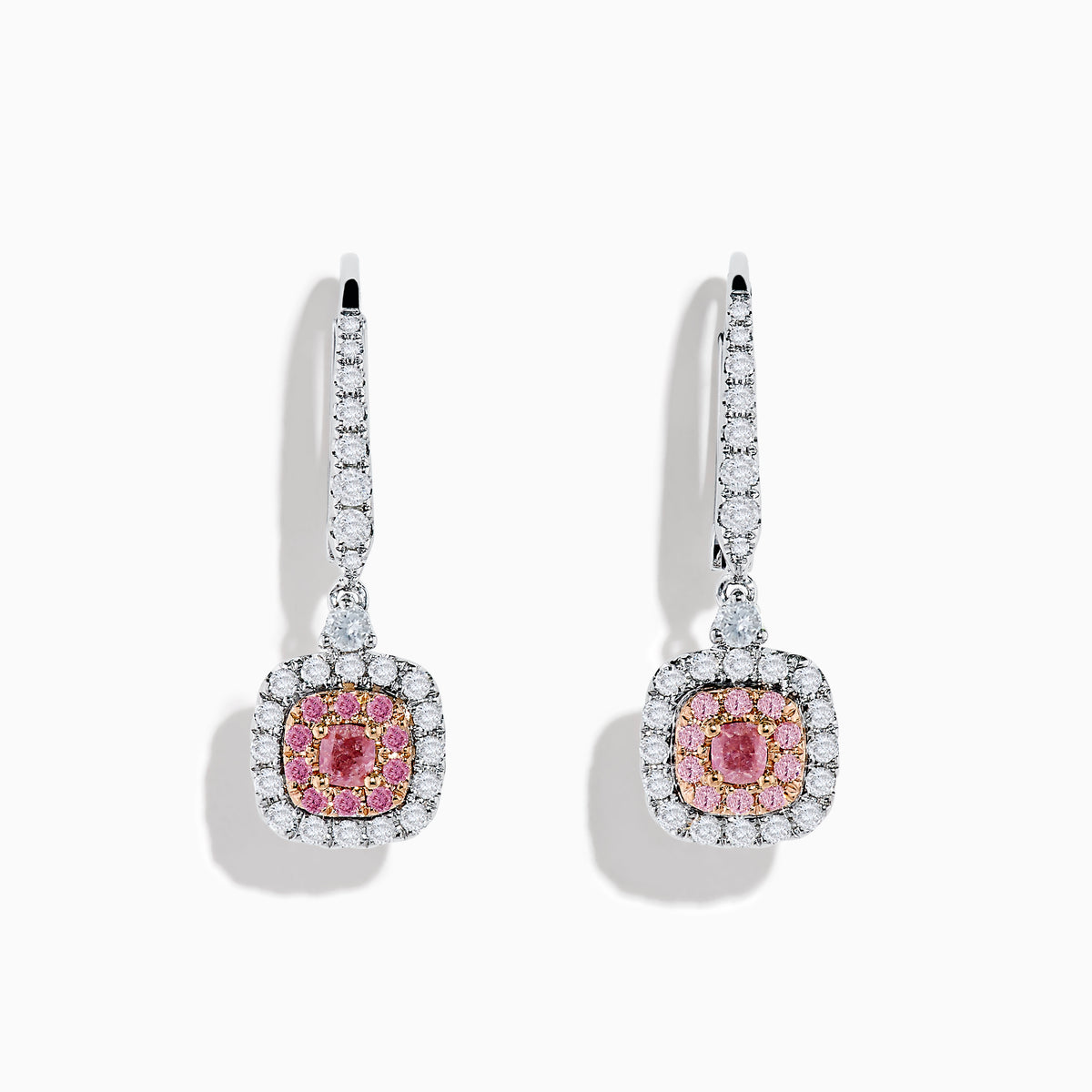 18K Two Tone White and Pink Diamond Drop Earrings featuring square pink gemstones and small white diamonds, set in elegant metal, displayed on a plain white background.
