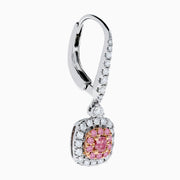 18K Two Tone White and Pink Diamond Drop Earrings featuring square pink gemstones and small white diamonds, set in elegant metal, displayed on a plain white background.