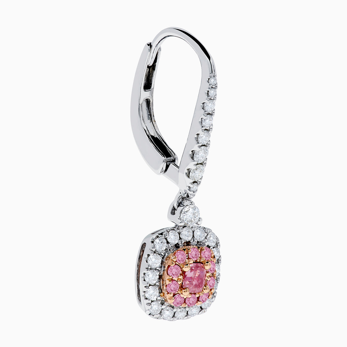 18K Two Tone White and Pink Diamond Drop Earrings featuring square pink gemstones and small white diamonds, set in elegant metal, displayed on a plain white background.