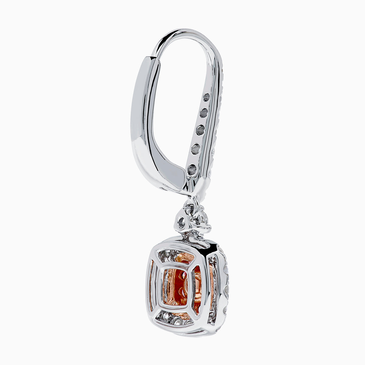 18K Two Tone White and Pink Diamond Drop Earrings featuring square pink gemstones and small white diamonds, set in elegant metal, displayed on a plain white background.