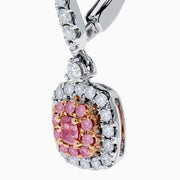 18K Two Tone White and Pink Diamond Drop Earrings featuring square pink gemstones and small white diamonds, set in elegant metal, displayed on a plain white background.