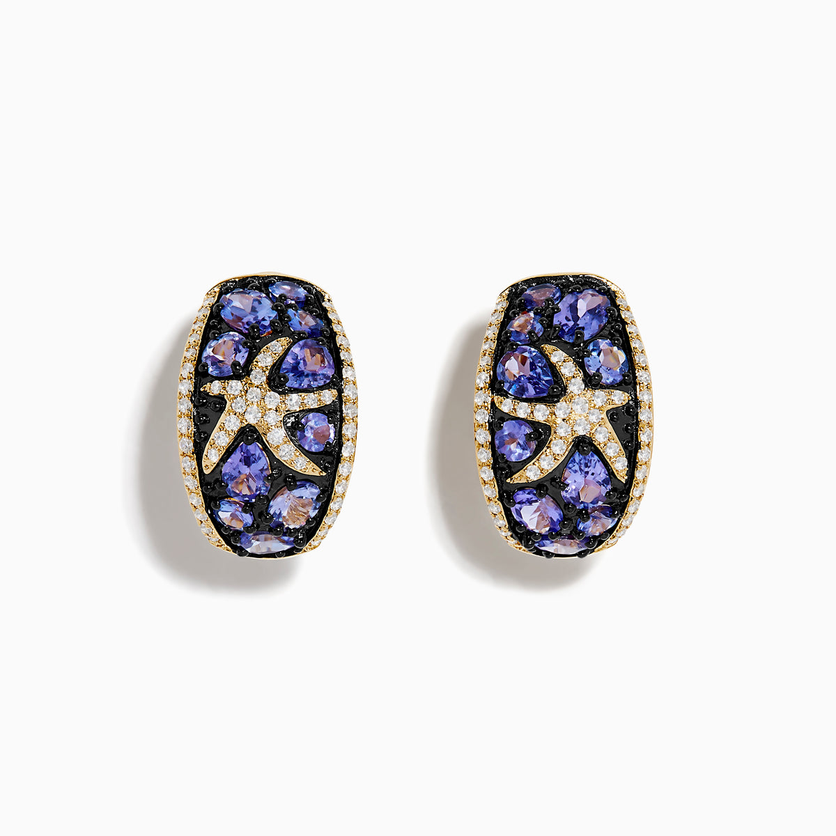 14K Yellow Gold Tanzanite & Diamond Starfish Earrings, featuring sparkling white diamonds and oval tanzanite gemstones, displayed on a white background.