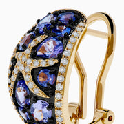 14K Yellow Gold Tanzanite & Diamond Starfish Earrings, featuring sparkling white diamonds and oval tanzanite gemstones, displayed on a white background.
