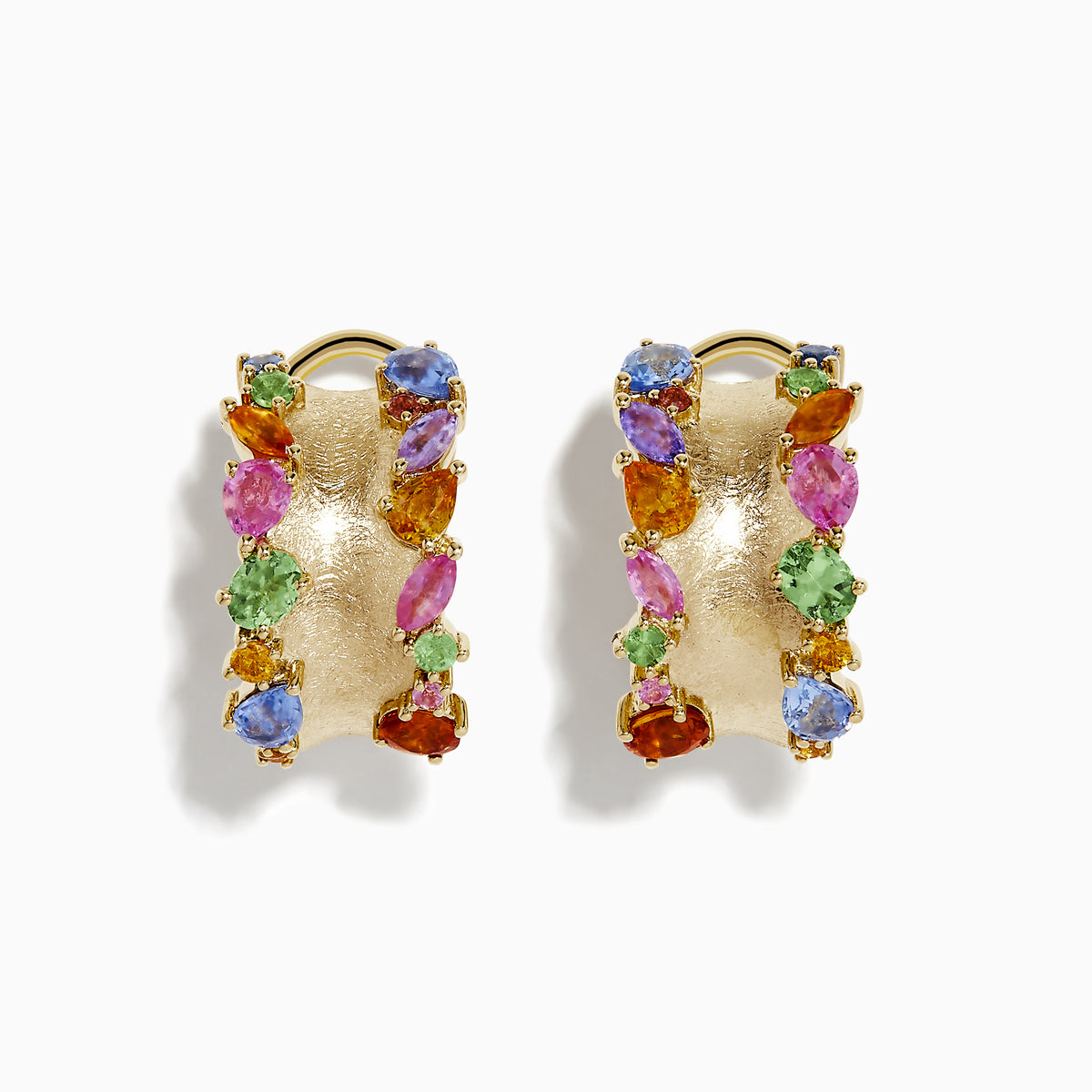 The Watercolor 14k Yellow Gold Multi Sapphire Earrings feature a textured center and vibrant sapphires in pink, blue, green, and orange along the edges for a signature Effy look.