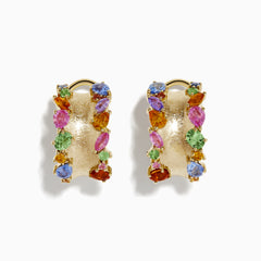 The Watercolor 14k Yellow Gold Multi Sapphire Earrings feature a textured center and vibrant sapphires in pink, blue, green, and orange along the edges for a signature Effy look.