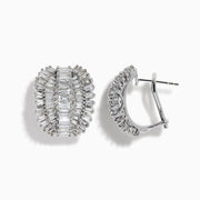 Classique 14k White Gold Diamond Earrings feature oval shapes with rows of baguette-cut diamonds in a layered, ribbed design, all set in 14k white gold against a plain white background.