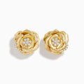 14K Yellow Gold Diamond Brushed Rose Flower Clip-On Earrings featuring petal details and sparkling diamond clusters in the center and on the petals, shown against a white background.
