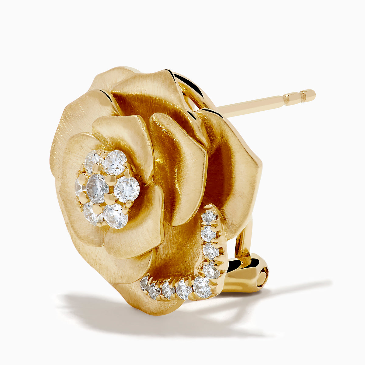 14K Yellow Gold Diamond Brushed Rose Flower Clip-On Earrings featuring petal details and sparkling diamond clusters in the center and on the petals, shown against a white background.
