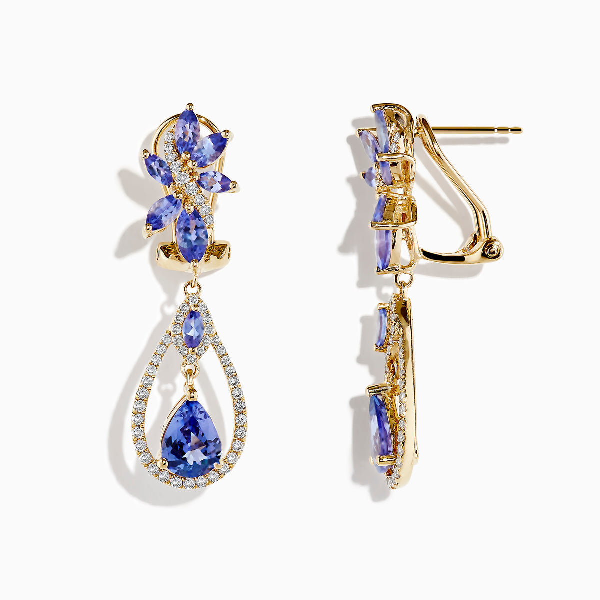 14K yellow gold tanzanite and diamond earrings featuring marquise and pear-shaped blue stones, accented with diamonds in a floral cluster at the top and a teardrop dangle design below.