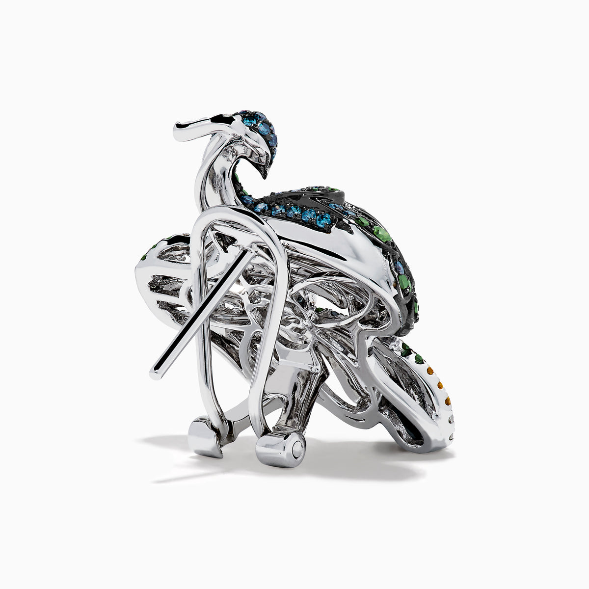 The 14K White Gold Multi Color Diamond and Ruby Peacock Earrings feature ornate peacock designs with blue, green, yellow, and clear gemstones and ruby eyes, elegantly displayed on a white background.