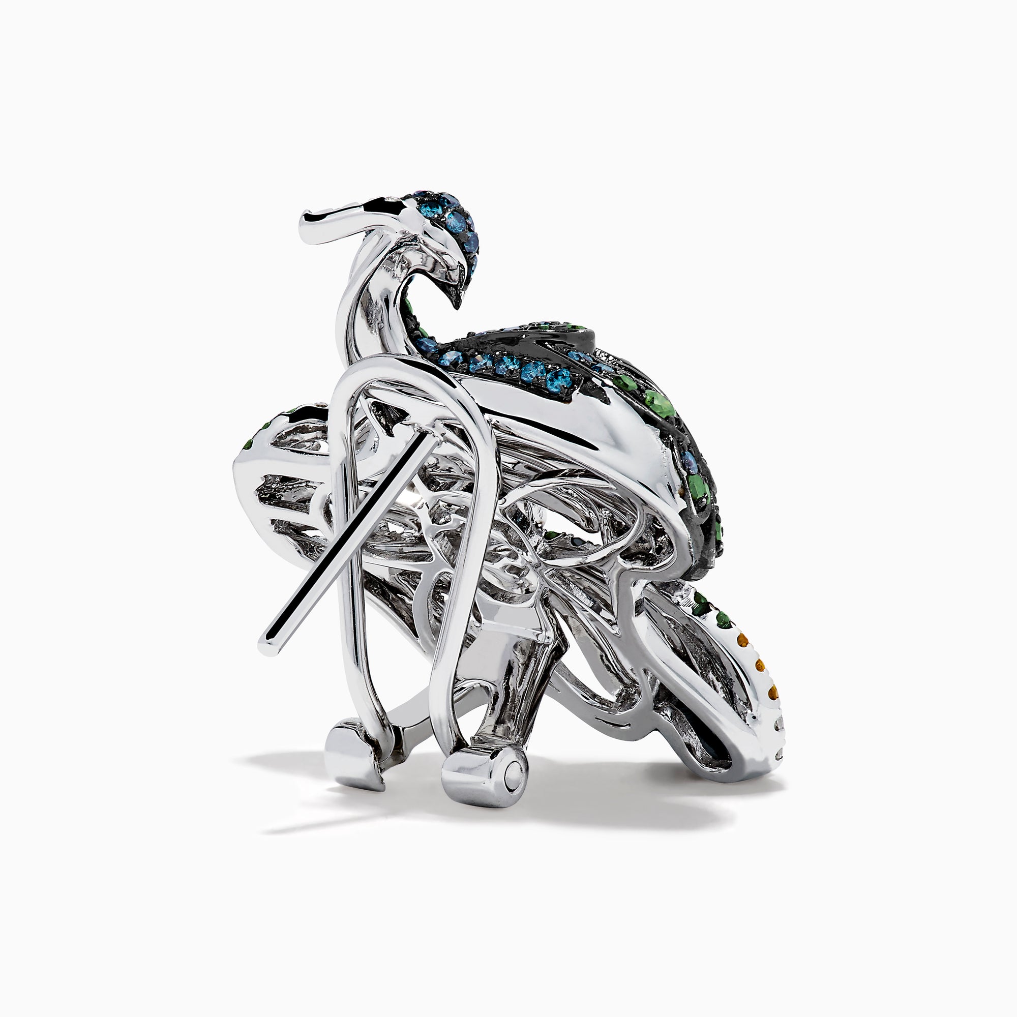 The 14K White Gold Multi Color Diamond and Ruby Peacock Earrings feature ornate peacock designs with blue, green, yellow, and clear gemstones and ruby eyes, elegantly displayed on a white background.
