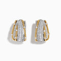 14K Two Tone Gold Diamond Crossover Clip-On Earrings showcasing multiple rows of small rectangular and round diamonds with interwoven gold and silver bands, displayed on a white background.