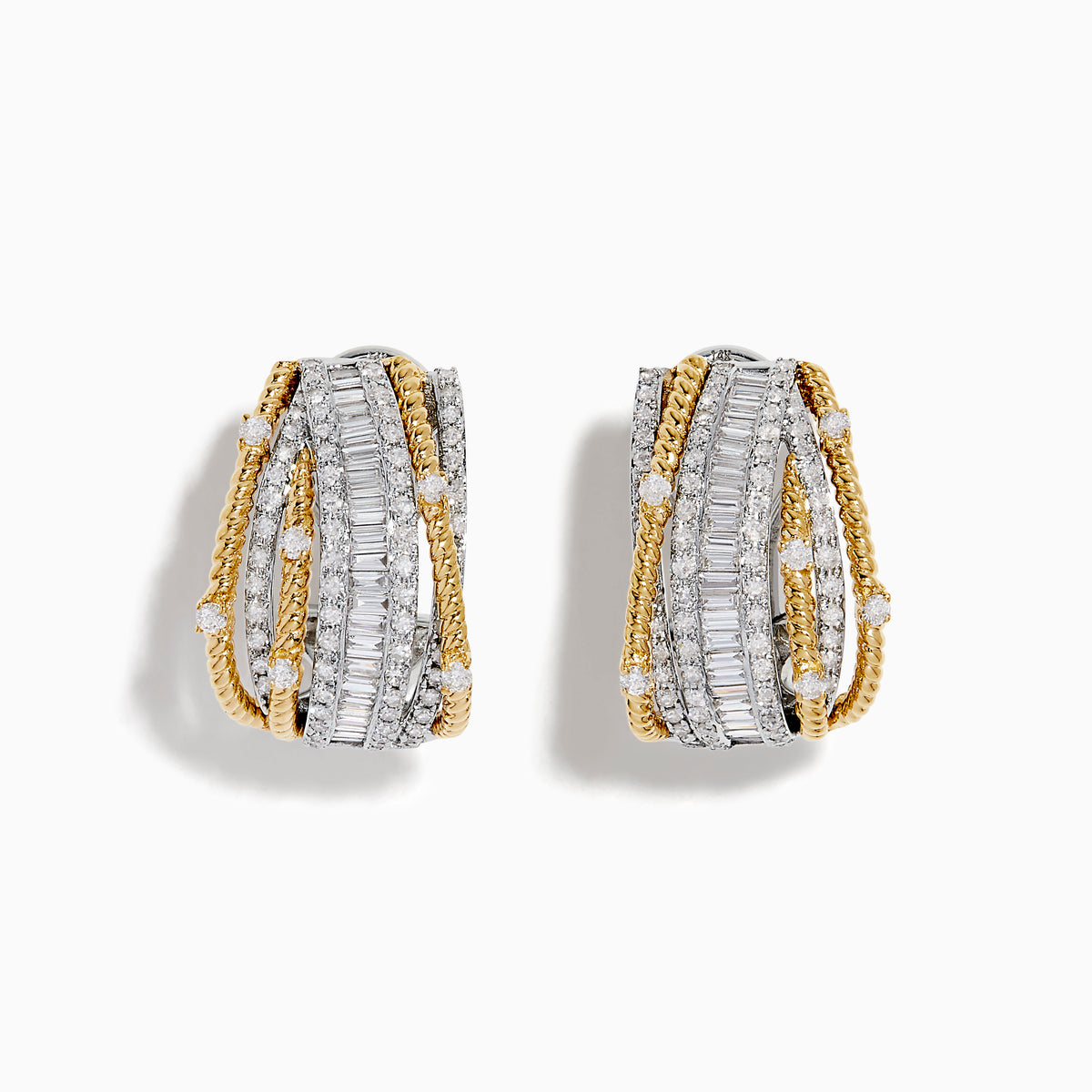 14K Two Tone Gold Diamond Crossover Clip-On Earrings showcasing multiple rows of small rectangular and round diamonds with interwoven gold and silver bands, displayed on a white background.