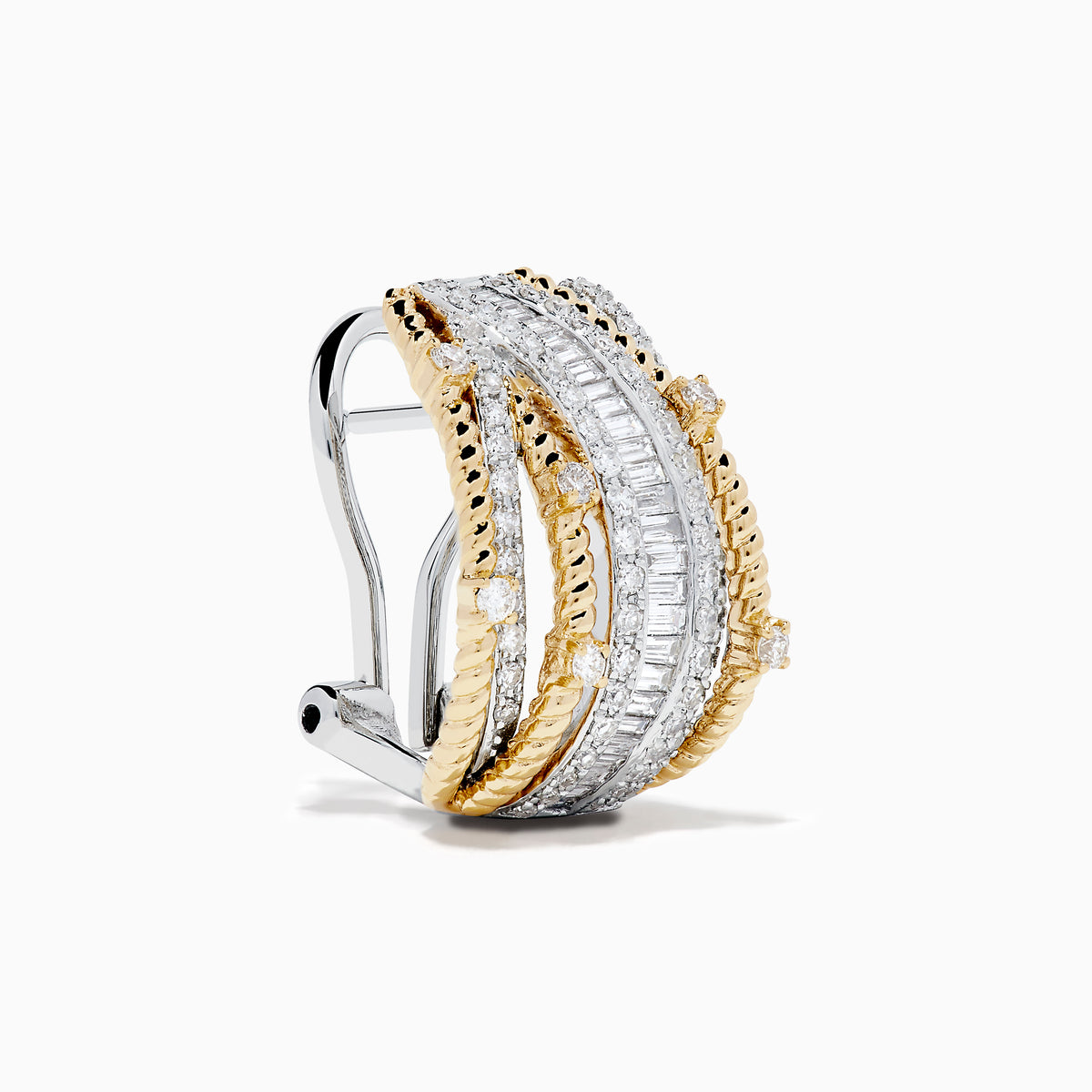 14K Two Tone Gold Diamond Crossover Clip-On Earrings showcasing multiple rows of small rectangular and round diamonds with interwoven gold and silver bands, displayed on a white background.