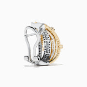 14K Two Tone Gold Diamond Crossover Clip-On Earrings showcasing multiple rows of small rectangular and round diamonds with interwoven gold and silver bands, displayed on a white background.