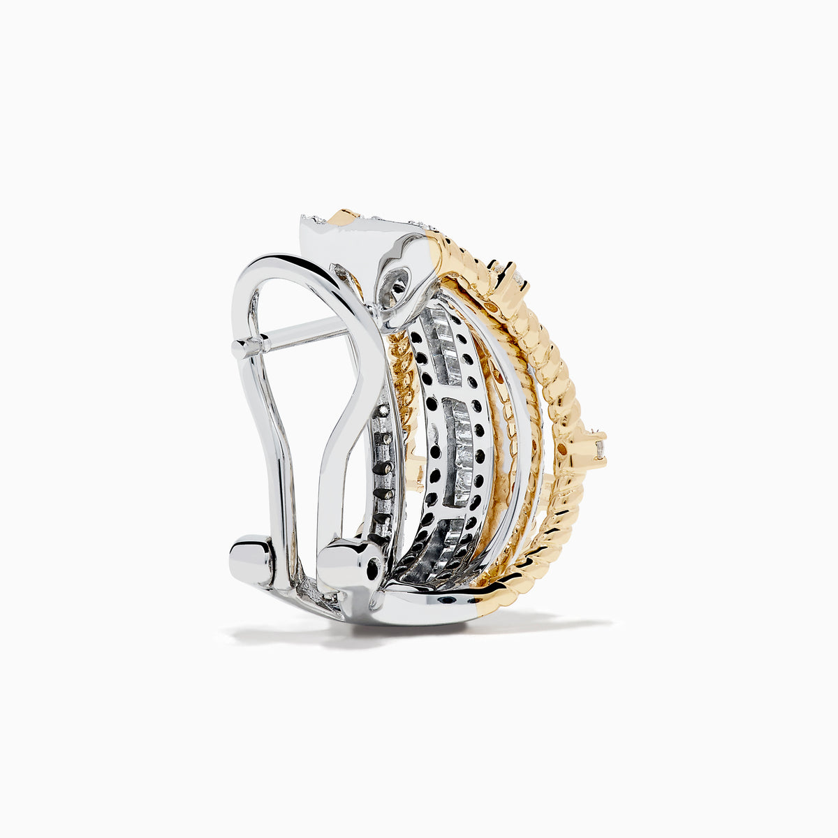14K Two Tone Gold Diamond Crossover Clip-On Earrings showcasing multiple rows of small rectangular and round diamonds with interwoven gold and silver bands, displayed on a white background.