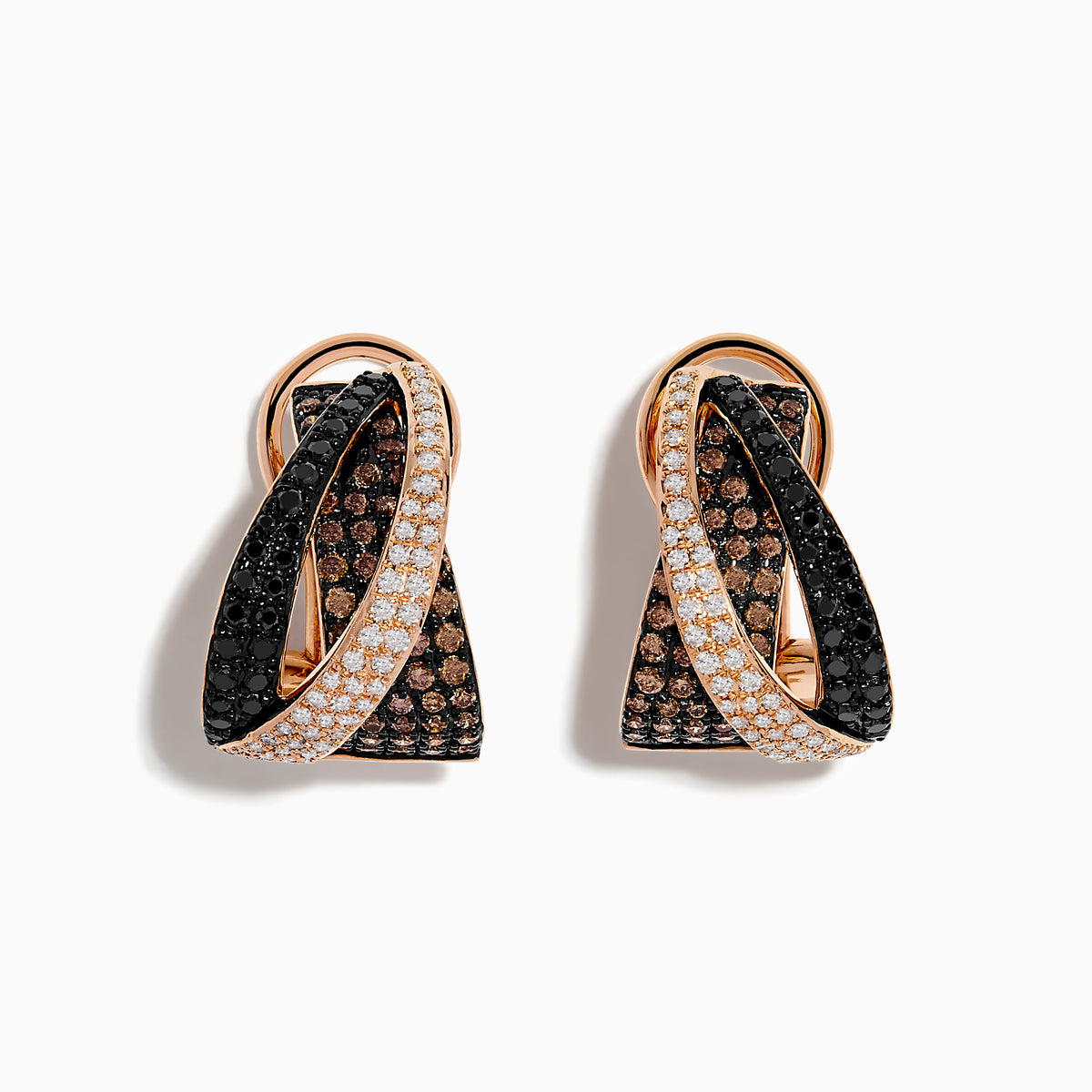 A pair of 14K Rose Gold Espresso, Black, and White Diamond Earrings with intertwined bands and sparkling diamond accents, displayed on a white background.