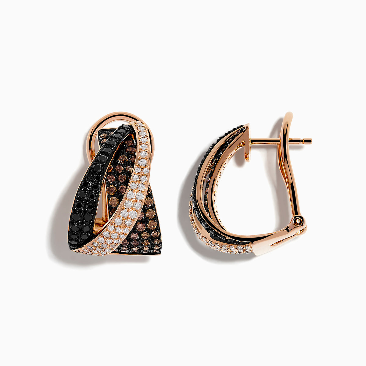 A pair of 14K Rose Gold Espresso, Black, and White Diamond Earrings with intertwined bands and sparkling diamond accents, displayed on a white background.