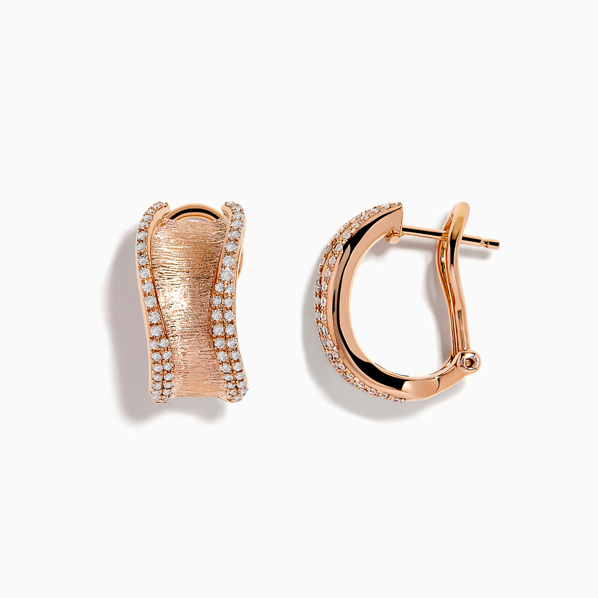 Pave Rose 14k Rose Textured Gold 5/8 French Clip Diamond Earrings feature a brushed finish and sparkling diamond borders, shown against a white background.