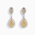 The Canare` 14K Two Tone Yellow and White Diamond Earrings showcase yellow diamonds in teardrop and marquise shapes, each bordered by white diamonds, all set against a white background.
