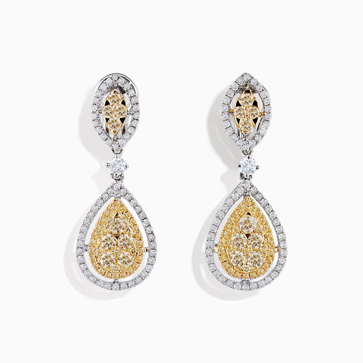 The Canare` 14K Two Tone Yellow and White Diamond Earrings showcase yellow diamonds in teardrop and marquise shapes, each bordered by white diamonds, all set against a white background.