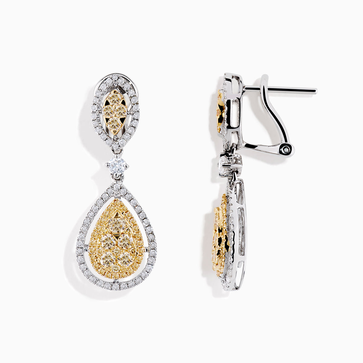 The Canare` 14K Two Tone Yellow and White Diamond Earrings showcase yellow diamonds in teardrop and marquise shapes, each bordered by white diamonds, all set against a white background.
