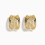 D'Oro 14K Yellow Gold Diamond Huggie Earrings feature geometric cut-out designs and sparkling white diamonds, shown against a white background.