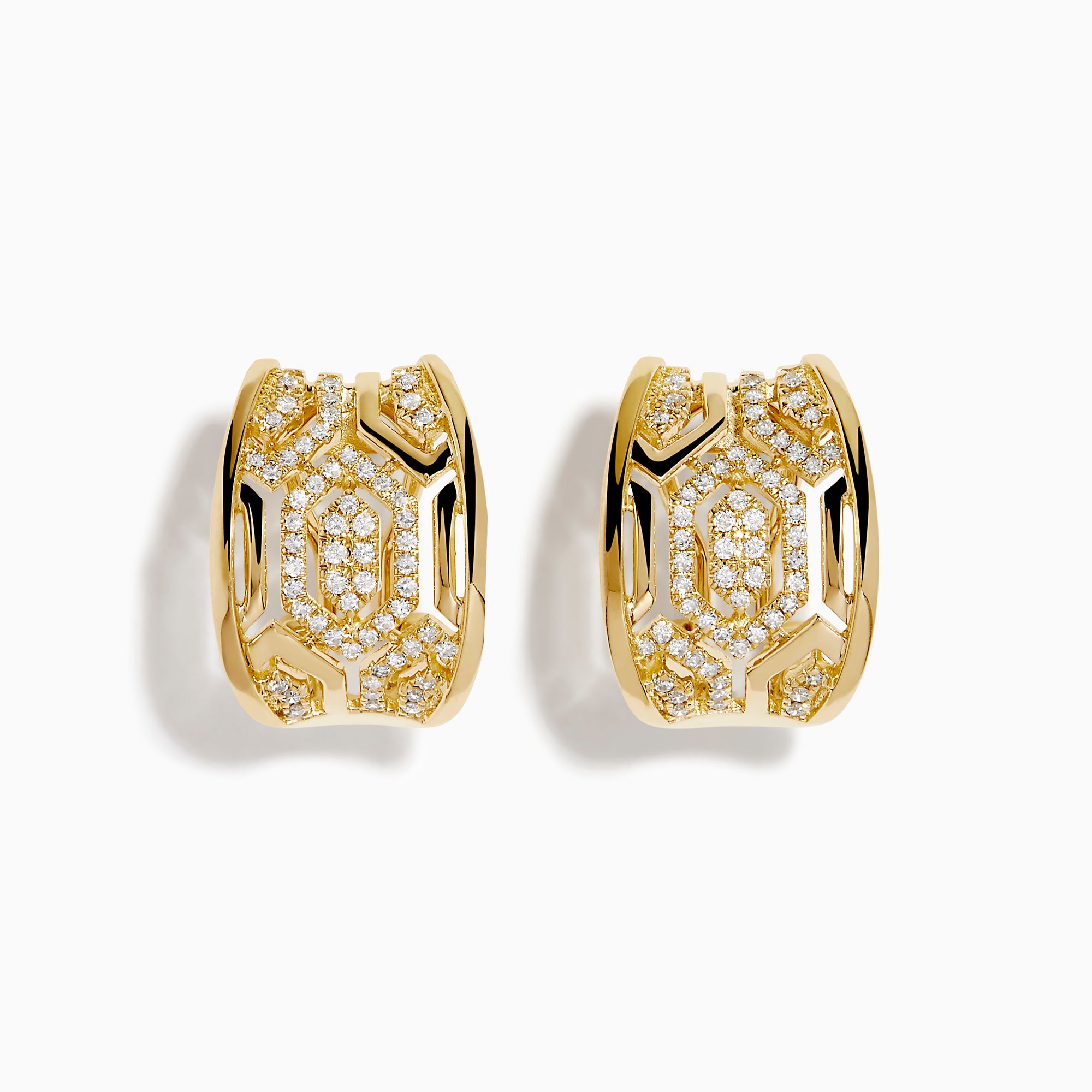 D'Oro 14K Yellow Gold Diamond Huggie Earrings feature geometric cut-out designs and sparkling white diamonds, shown against a white background.