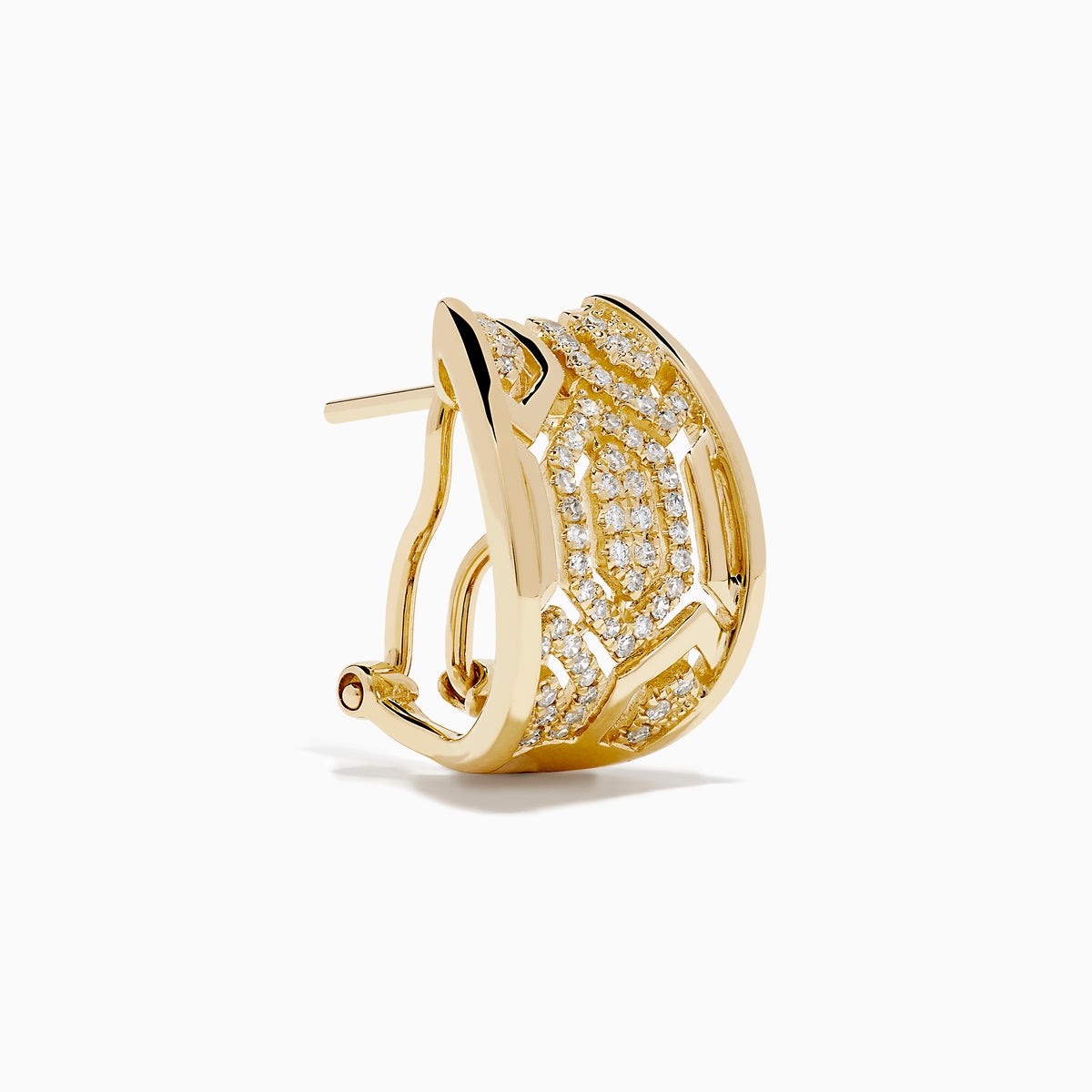 D'Oro 14K Yellow Gold Diamond Huggie Earrings feature geometric cut-out designs and sparkling white diamonds, shown against a white background.