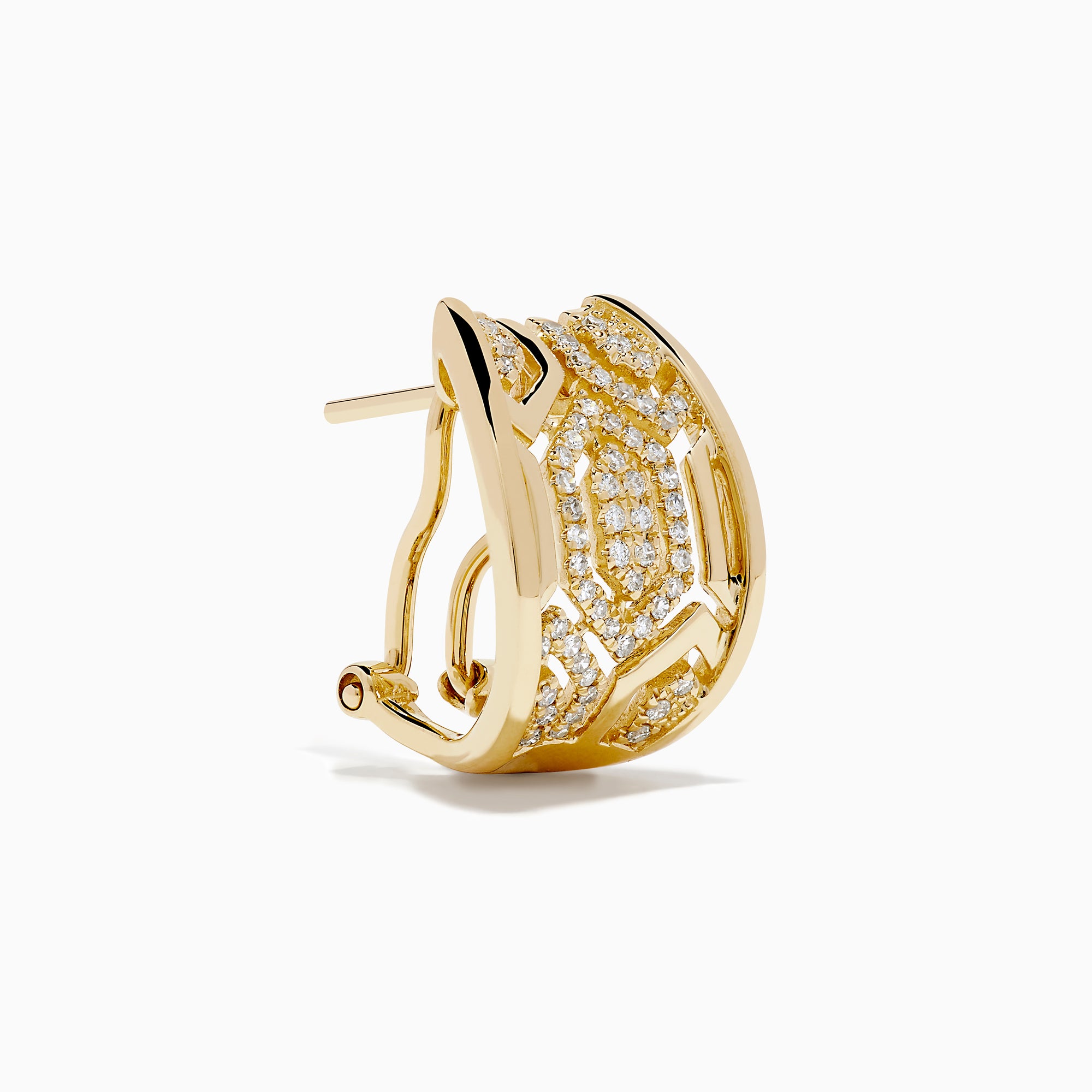 D'Oro 14K Yellow Gold Diamond Huggie Earrings feature geometric cut-out designs and sparkling white diamonds, shown against a white background.