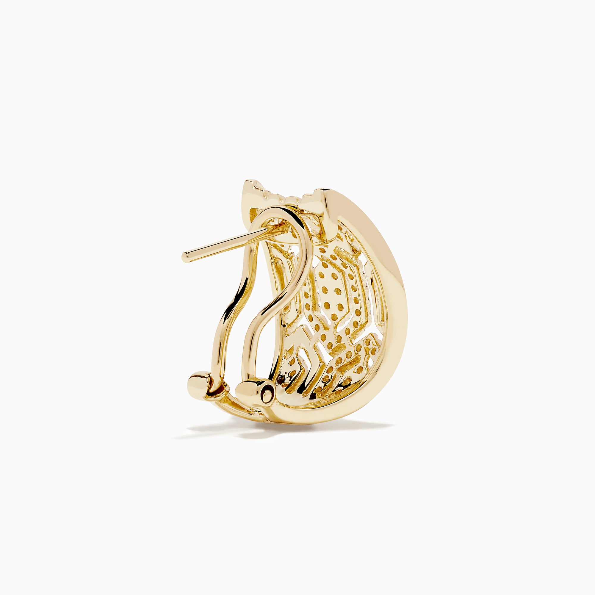 D'Oro 14K Yellow Gold Diamond Huggie Earrings feature geometric cut-out designs and sparkling white diamonds, shown against a white background.