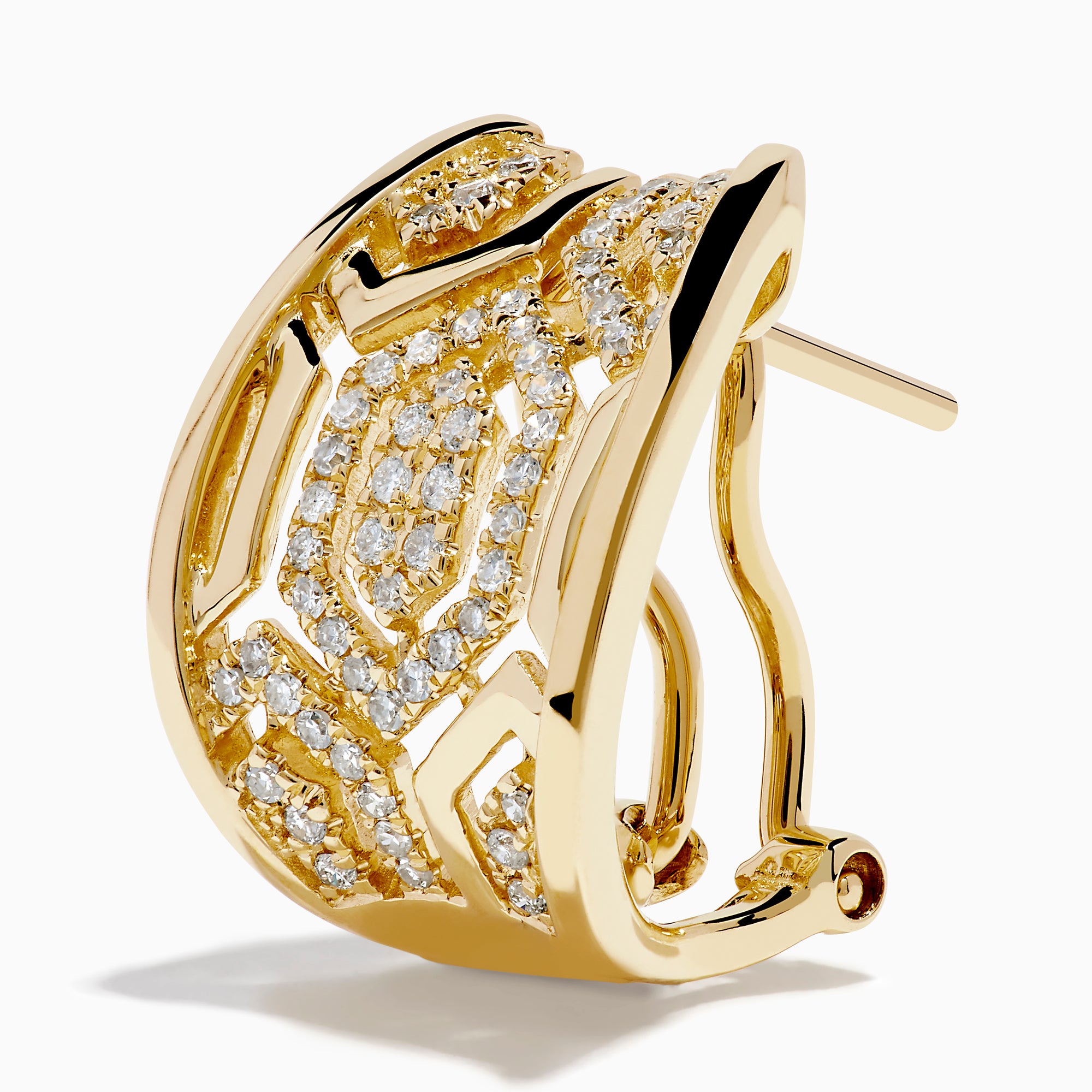 D'Oro 14K Yellow Gold Diamond Huggie Earrings feature geometric cut-out designs and sparkling white diamonds, shown against a white background.