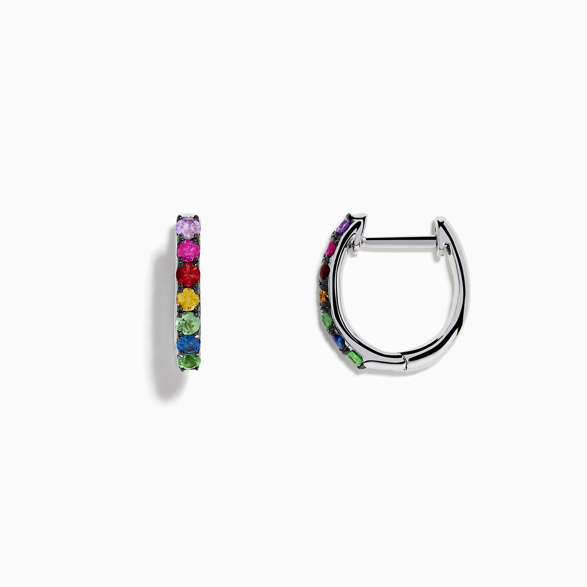 Watercolors 14K White Gold Multi Sapphire Huggie Hoop Earrings featuring multicolored sapphires set in a vertical line, showcased against a plain white background.