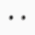 Caviar 14K White Gold Black Diamond Stud Halo Earrings, featuring oval-shaped black diamonds encircled by a halo of clear stones in 14K white gold, displayed on a white background.