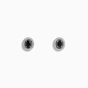 Caviar 14K White Gold Black Diamond Stud Halo Earrings, featuring oval-shaped black diamonds encircled by a halo of clear stones in 14K white gold, displayed on a white background.