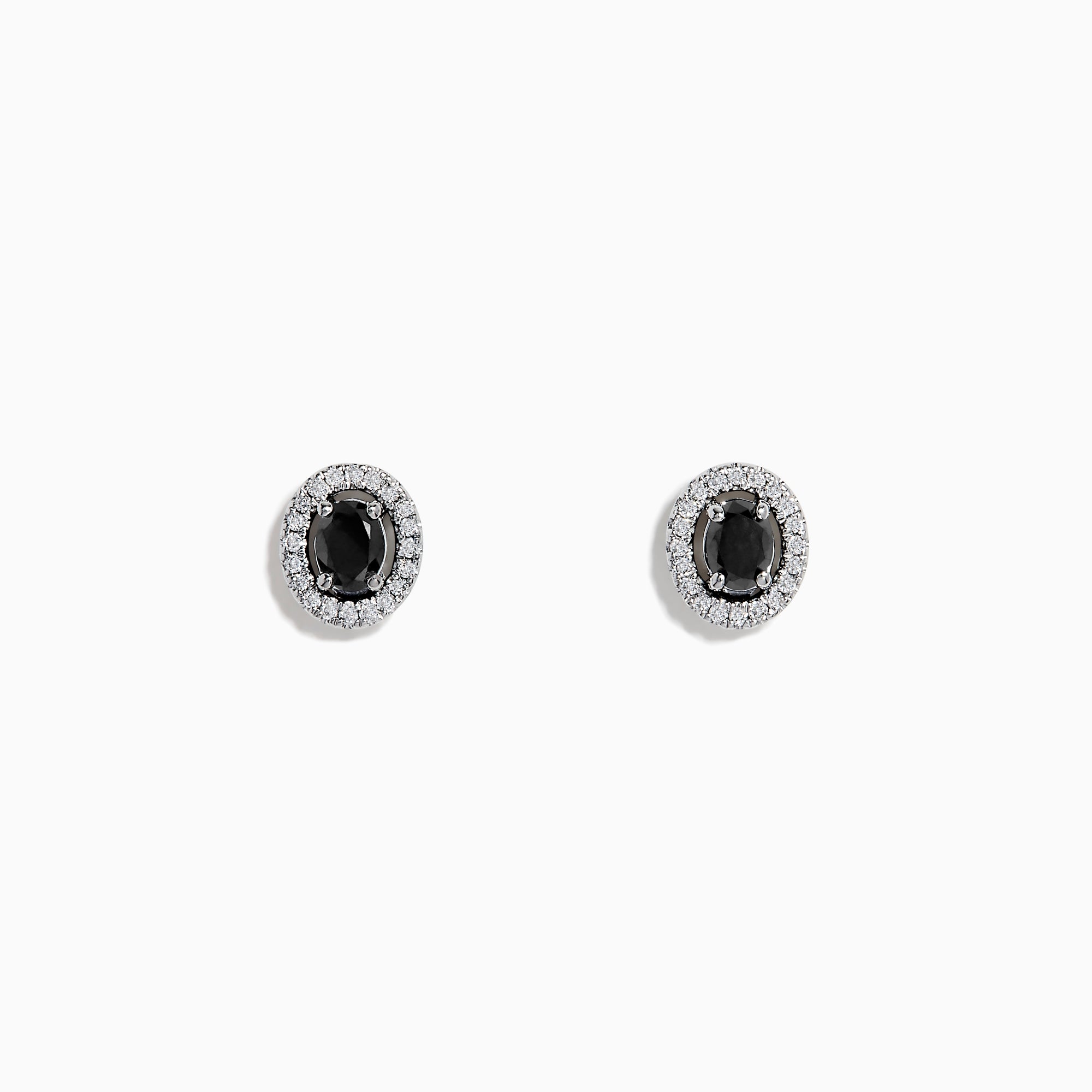 Caviar 14K White Gold Black Diamond Stud Halo Earrings, featuring oval-shaped black diamonds encircled by a halo of clear stones in 14K white gold, displayed on a white background.