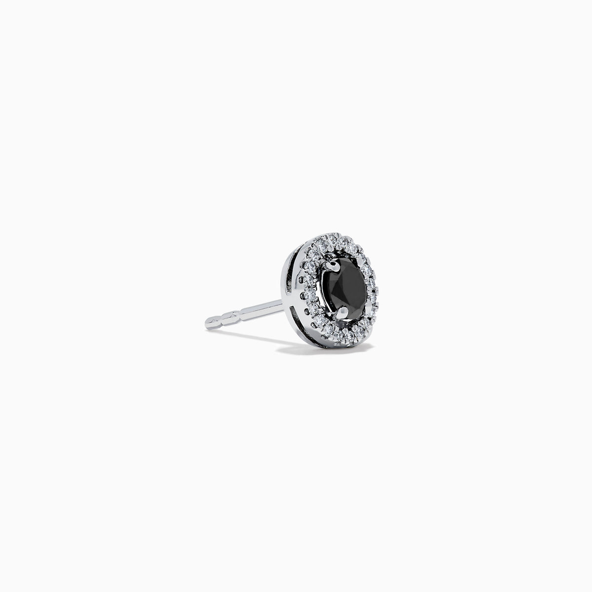 Caviar 14K White Gold Black Diamond Stud Halo Earrings, featuring oval-shaped black diamonds encircled by a halo of clear stones in 14K white gold, displayed on a white background.