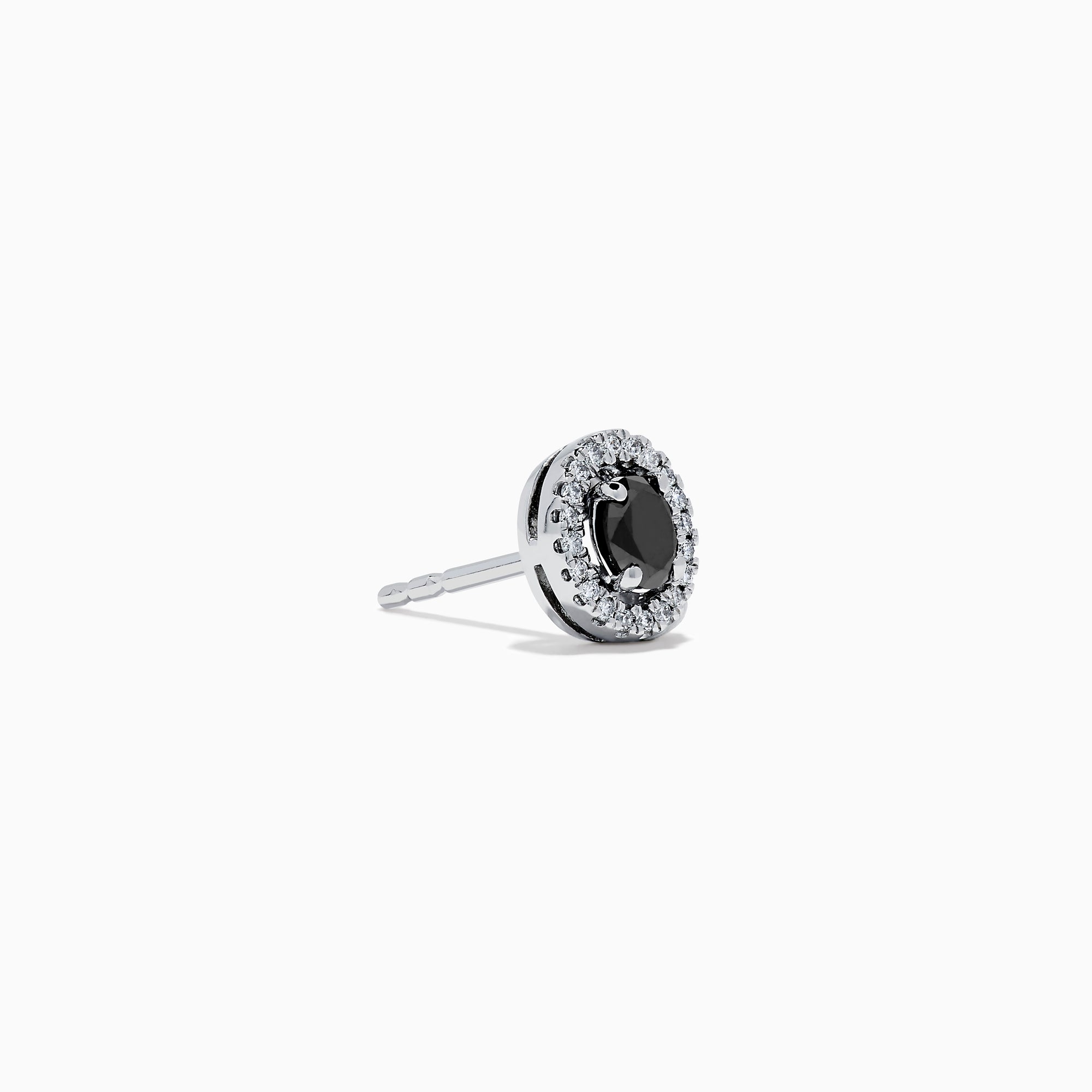 Caviar 14K White Gold Black Diamond Stud Halo Earrings, featuring oval-shaped black diamonds encircled by a halo of clear stones in 14K white gold, displayed on a white background.