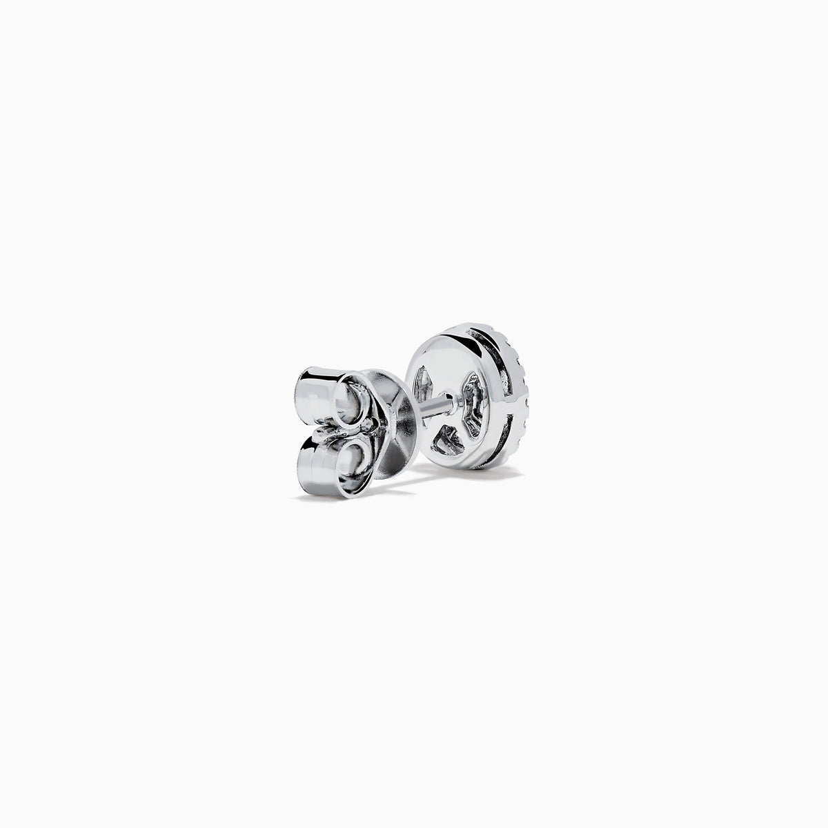Caviar 14K White Gold Black Diamond Stud Halo Earrings, featuring oval-shaped black diamonds encircled by a halo of clear stones in 14K white gold, displayed on a white background.