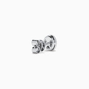 Caviar 14K White Gold Black Diamond Stud Halo Earrings, featuring oval-shaped black diamonds encircled by a halo of clear stones in 14K white gold, displayed on a white background.
